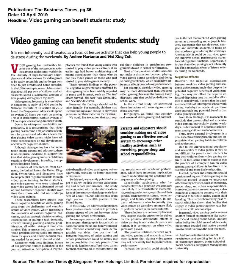 Video gaming can benefit students: study